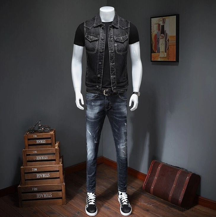 Gothic denim biker vest for men displayed on mannequin demonstrating authentic vintage styling and proportions