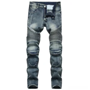Grey gothic straight denim jeans with distressed knee patches, men's punk style full length front view