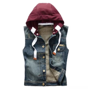 Men's detachable hood denim vest front view - gothic grunge streetwear with burgundy knit hood and metal button closure