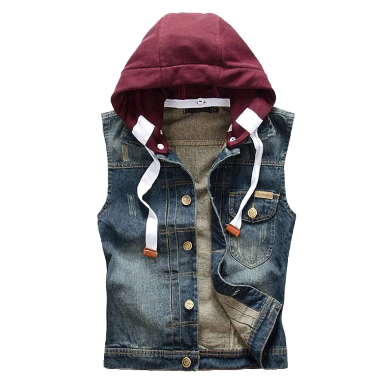 Men's detachable hood denim vest front view - gothic grunge streetwear with burgundy knit hood and metal button closure