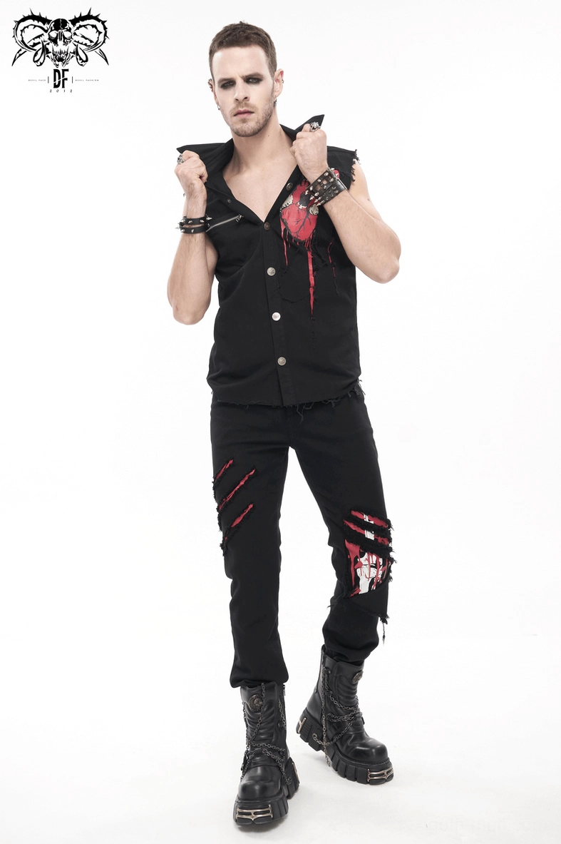 Full product display of men's gothic distressed ripped trousers with styling recommendations and styling tips
