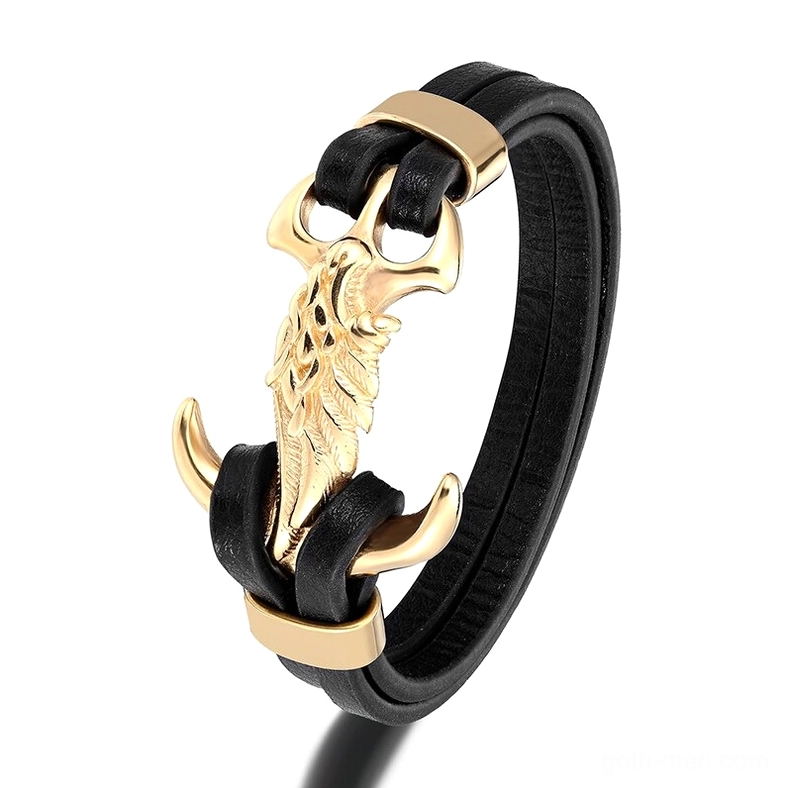 Gold-tone gothic eagle wing leather bracelet for men with stainless steel clasp and dual black leather straps