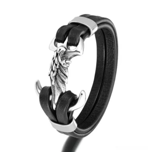Silver-tone gothic eagle wing leather bracelet featuring carved metal eagle clasp and premium genuine leather