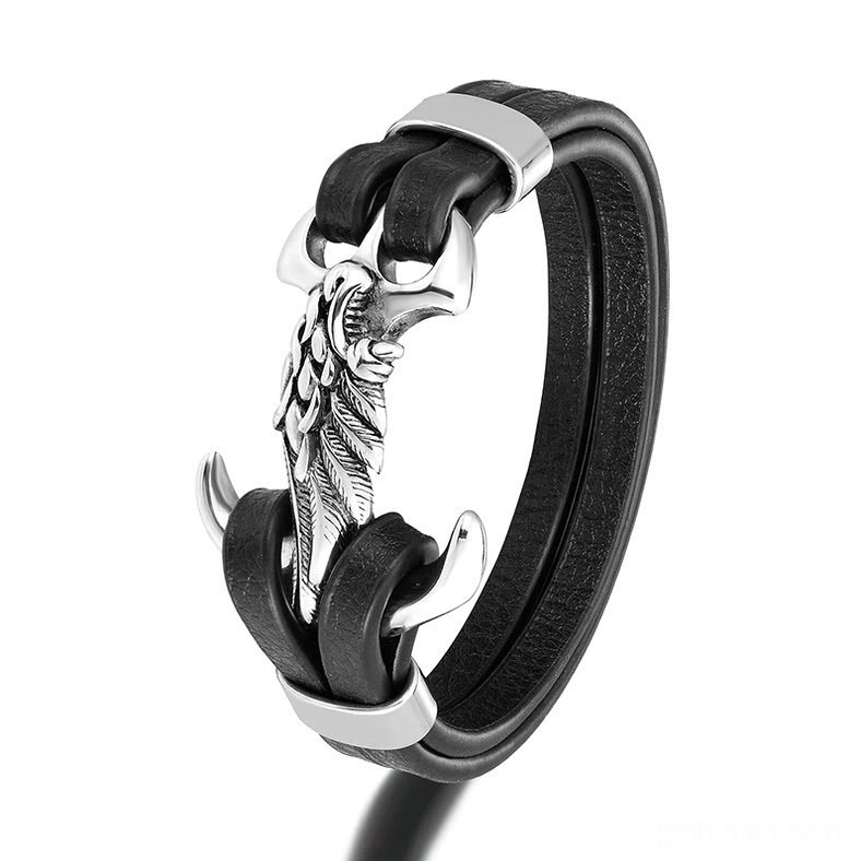 Silver-tone gothic eagle wing leather bracelet featuring carved metal eagle clasp and premium genuine leather