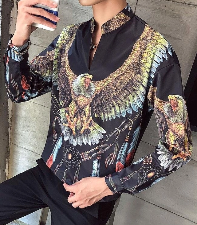 Side profile of black gothic eagle dreamcatcher shirt showing print detail and fit