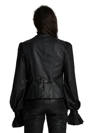Black gothic faux leather waistcoat with adjustable rear metal buckle - back view on model