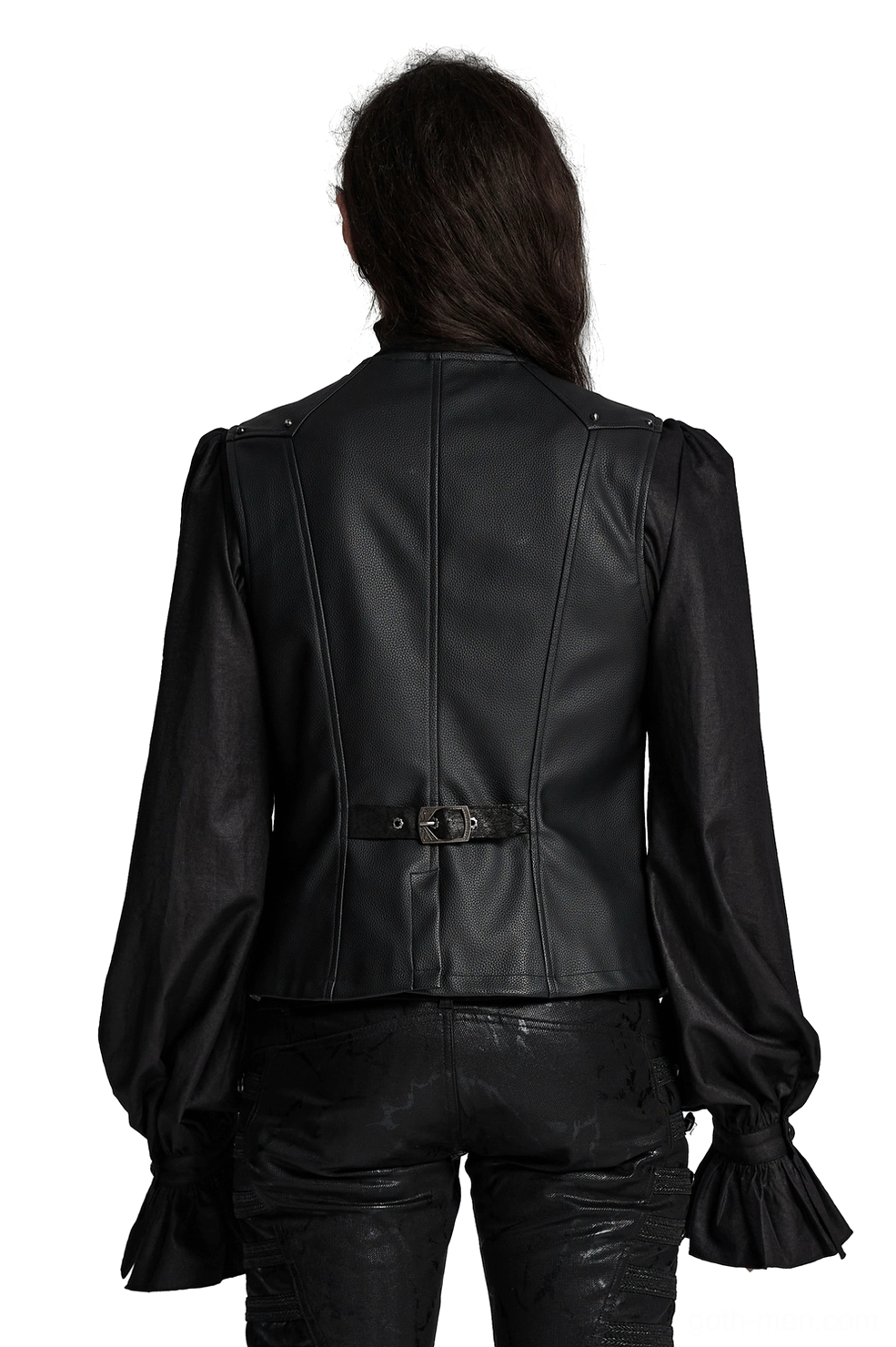 Black gothic faux leather waistcoat with adjustable rear metal buckle - back view on model