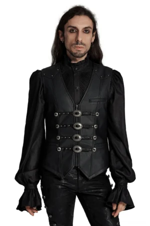 Men's black gothic faux leather waistcoat with metal riveted buckles - front view on model