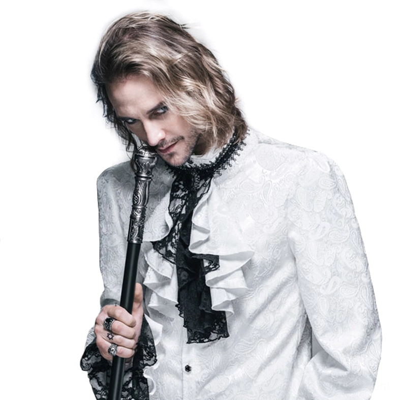 Male model wearing formal gothic outfit with black lace ascot tie, patterned white dress shirt, three-quarter close-up view with walking cane accessory