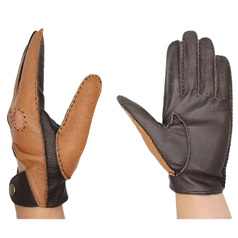 Split-color gothic leather gloves worn on human hands showing two-tone construction and solid back panel detail