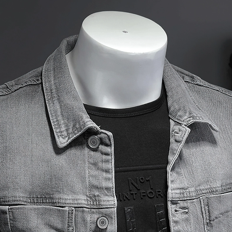 Men's gothic grey denim jacket styled for alternative fashion - complete outfit inspiration