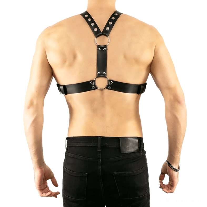 Men's black leather chest harness back view, Y-back construction with dual metal O-rings