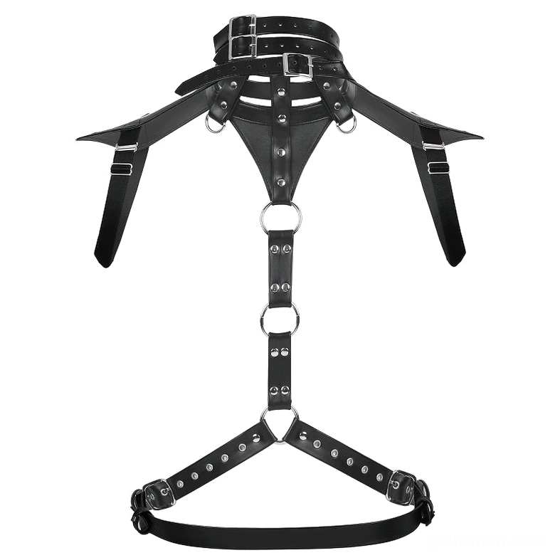 Flat lay front display of complete men's gothic harness with neck collar and metal O-rings