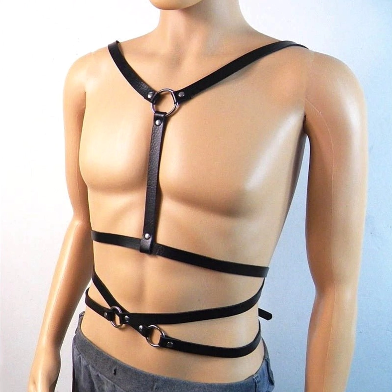 Full front view of men's gothic harness with central metal O-ring detail and dual adjustable waist straps