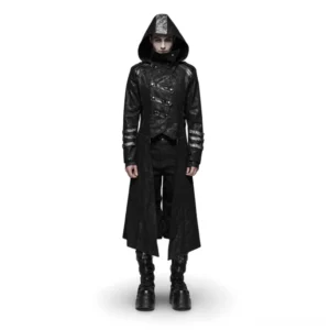Men's black gothic hooded longline coat with scorpion buckles - front full-body view