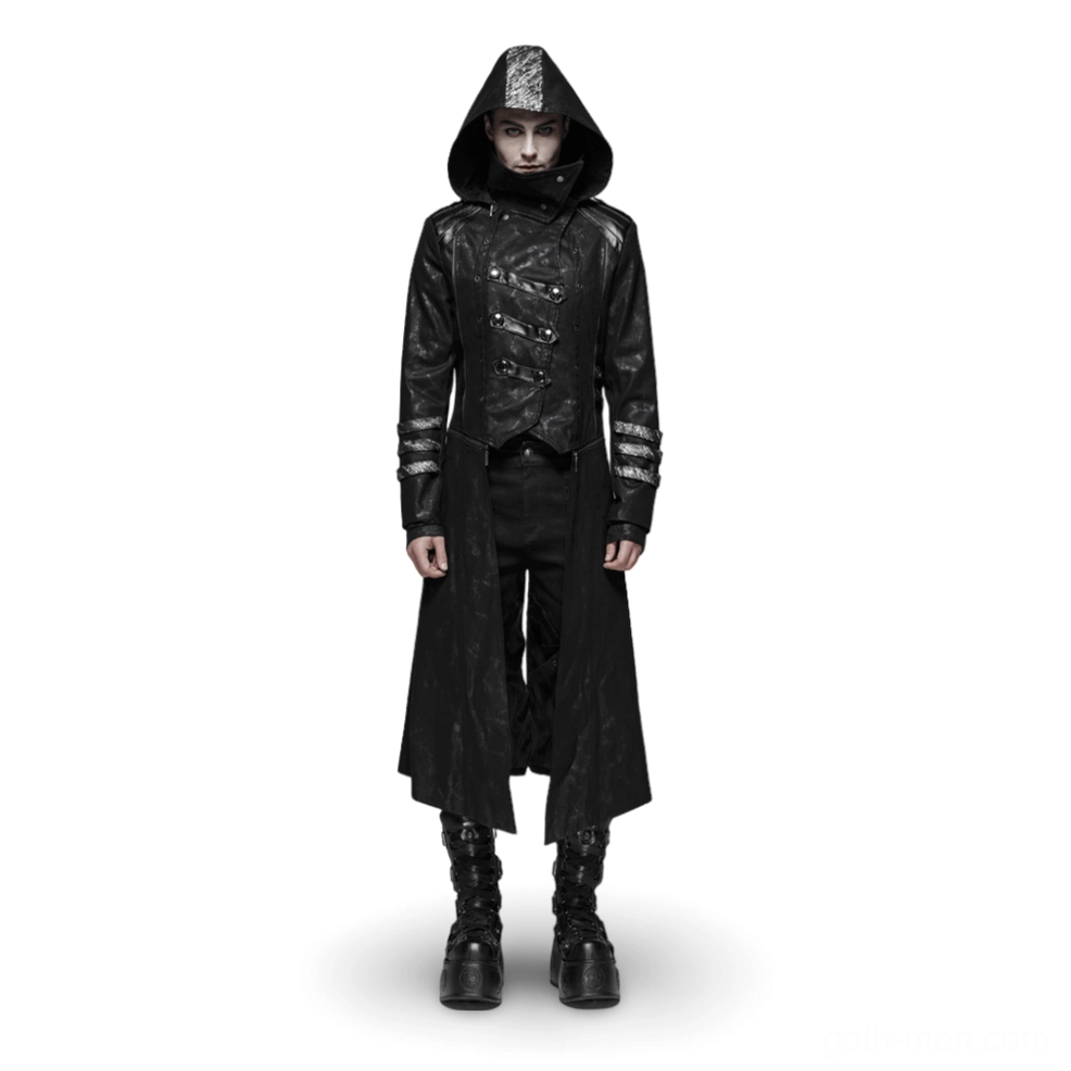 Men's black gothic hooded longline coat with scorpion buckles - front full-body view