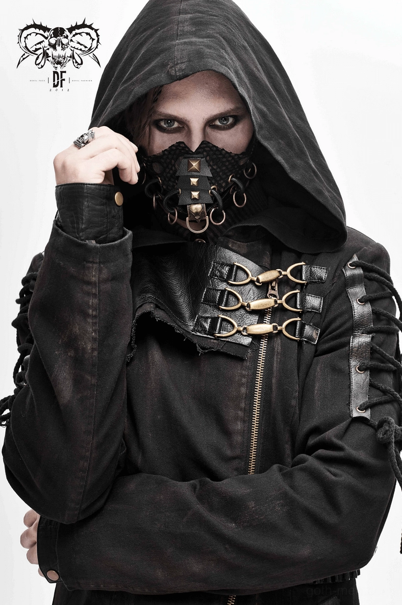 Men's black gothic hooded trench coat with lace-up sleeves and buckle details styled full length view