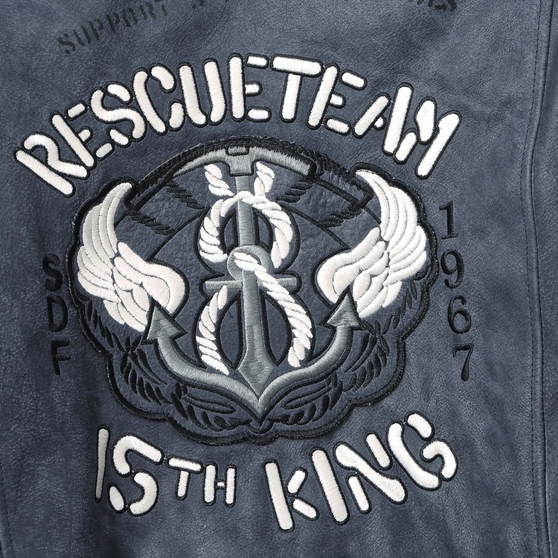 Men's black gothic leather jacket rear view showing back embroidery and anchor wing patch design