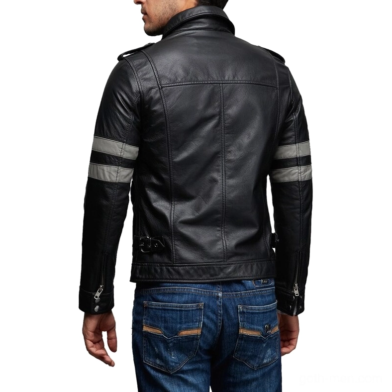 Model wearing black leather gothic biker jacket from rear three-quarter angle, showing grey stripes and waist buckles