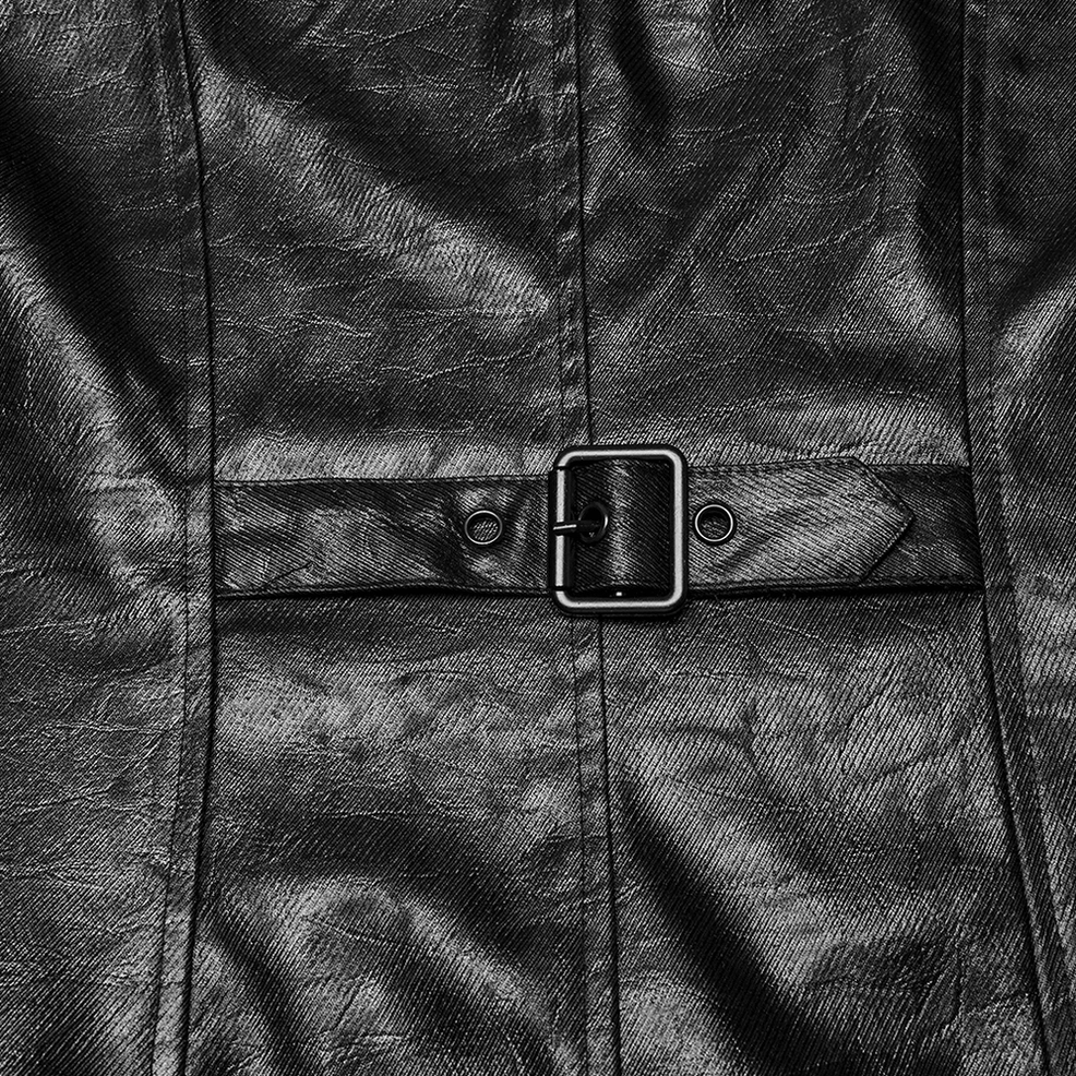 Men's black gothic hooded transformable faux leather jacket full-length view on model displaying dramatic maxi silhouette