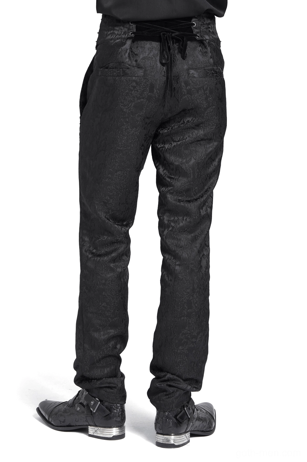 Men's gothic jacquard pants rear view - showing velvet corset back detail and tapered silhouette worn with leather shoes