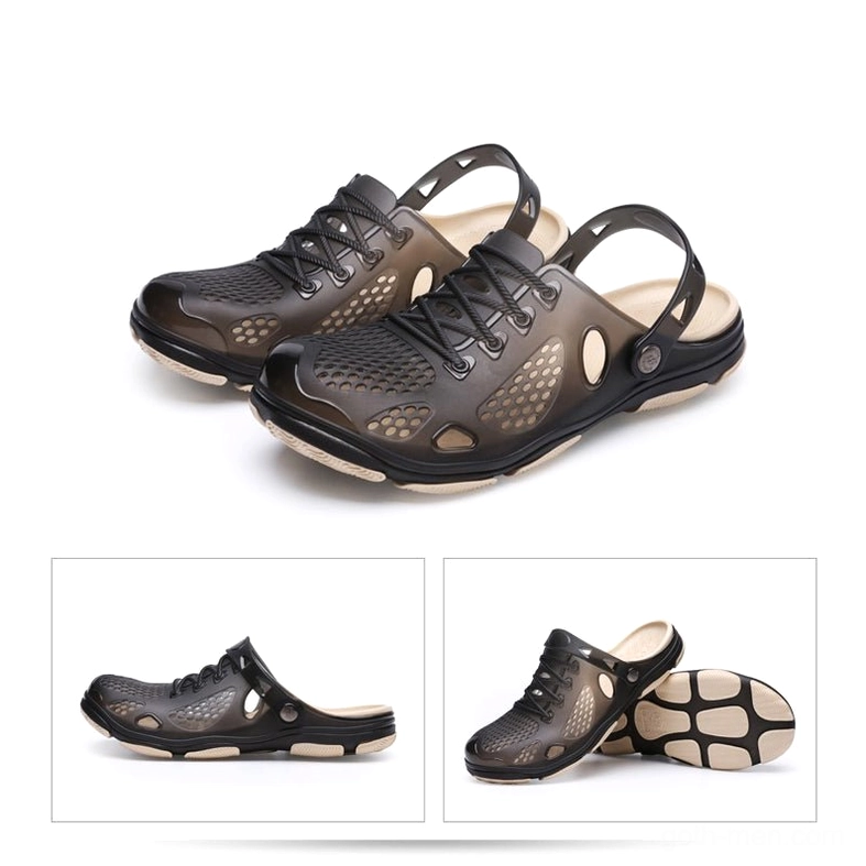 Pair of men's charcoal dark gothic jelly clogs displayed flat, showcasing dual footwear aesthetic