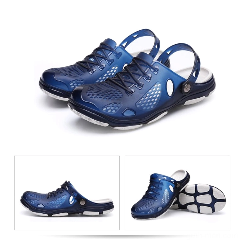 Pair of men's royal blue translucent gothic jelly sandals in flat lay view, showing matching symmetrical design