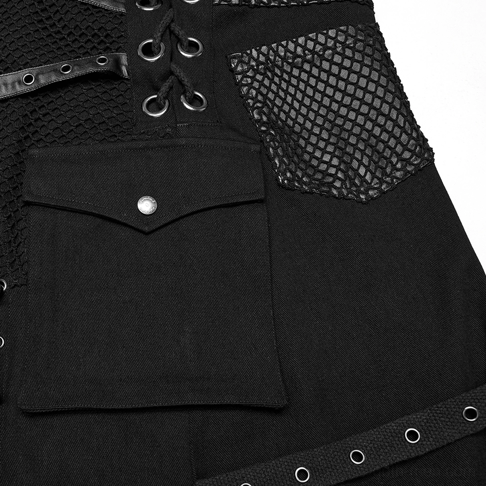 Black Asymmetric Gothic Kilt for Men - Alternative Styling Angle with Platform Boots and Industrial Hardware