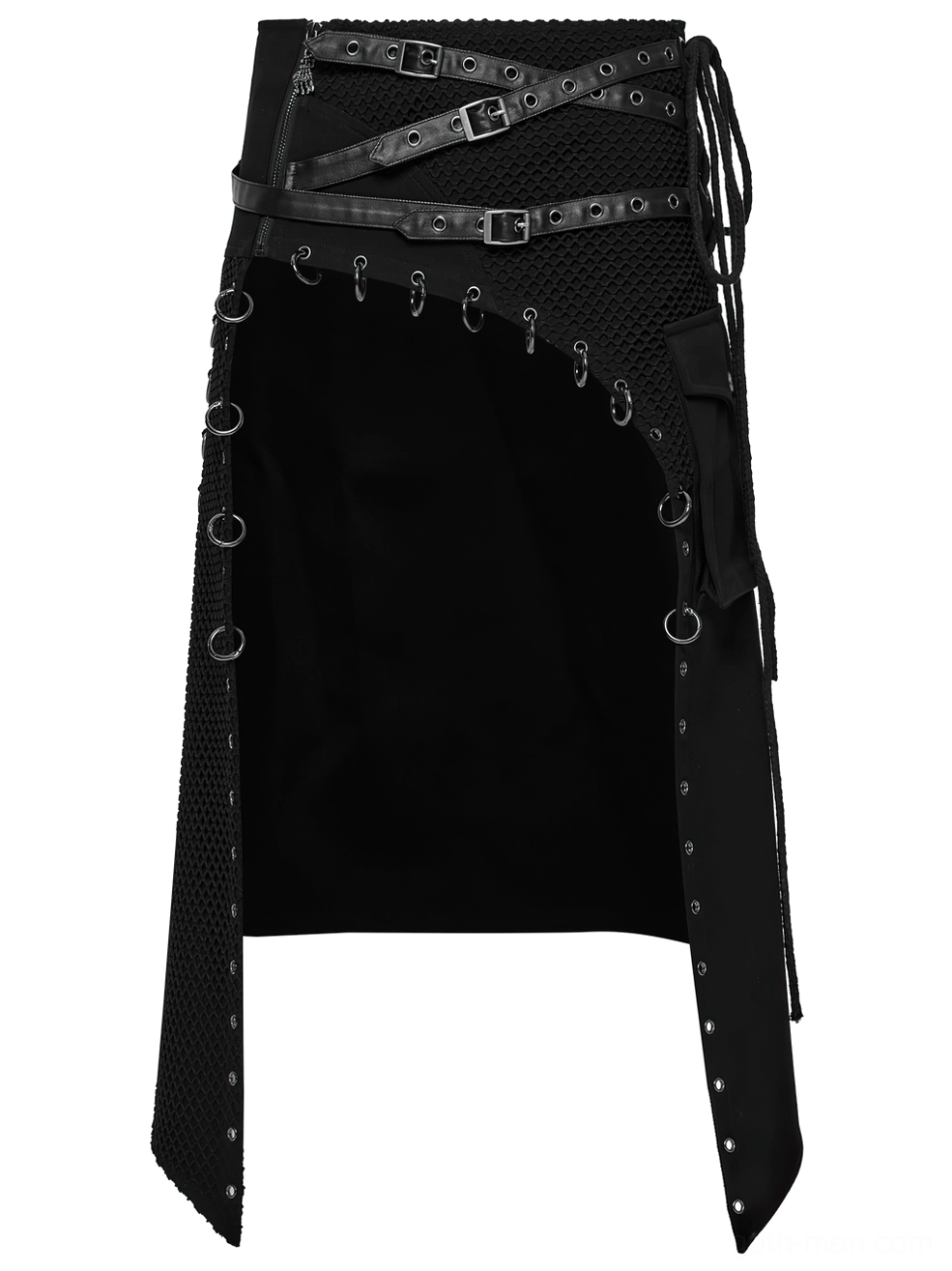 Asymmetric Gothic Kilt for Men - Front View with Open High-Low Hem, Mesh Fabric Panel, and Metal D-Ring Trims