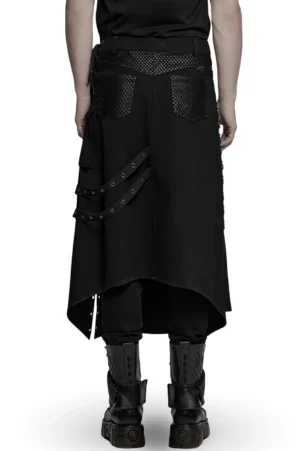 Black Gothic Kilt for Men - Rear Full Body Perspective Showing Mesh Panel Back Pockets and Decorative Straps