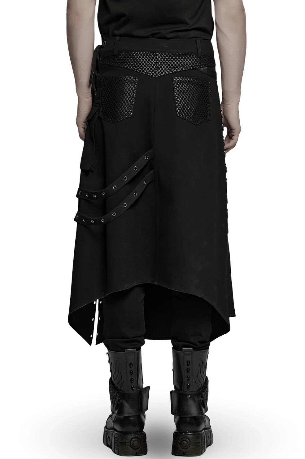Black Gothic Kilt for Men - Rear Full Body Perspective Showing Mesh Panel Back Pockets and Decorative Straps