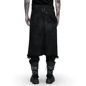 Black gothic kilt rear view showing cracked distressed fabric texture, back harness straps, and frayed asymmetric hem