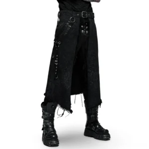 Men's black textured gothic kilt with adjustable harness straps and metal hardware, front three-quarter view on tattooed model