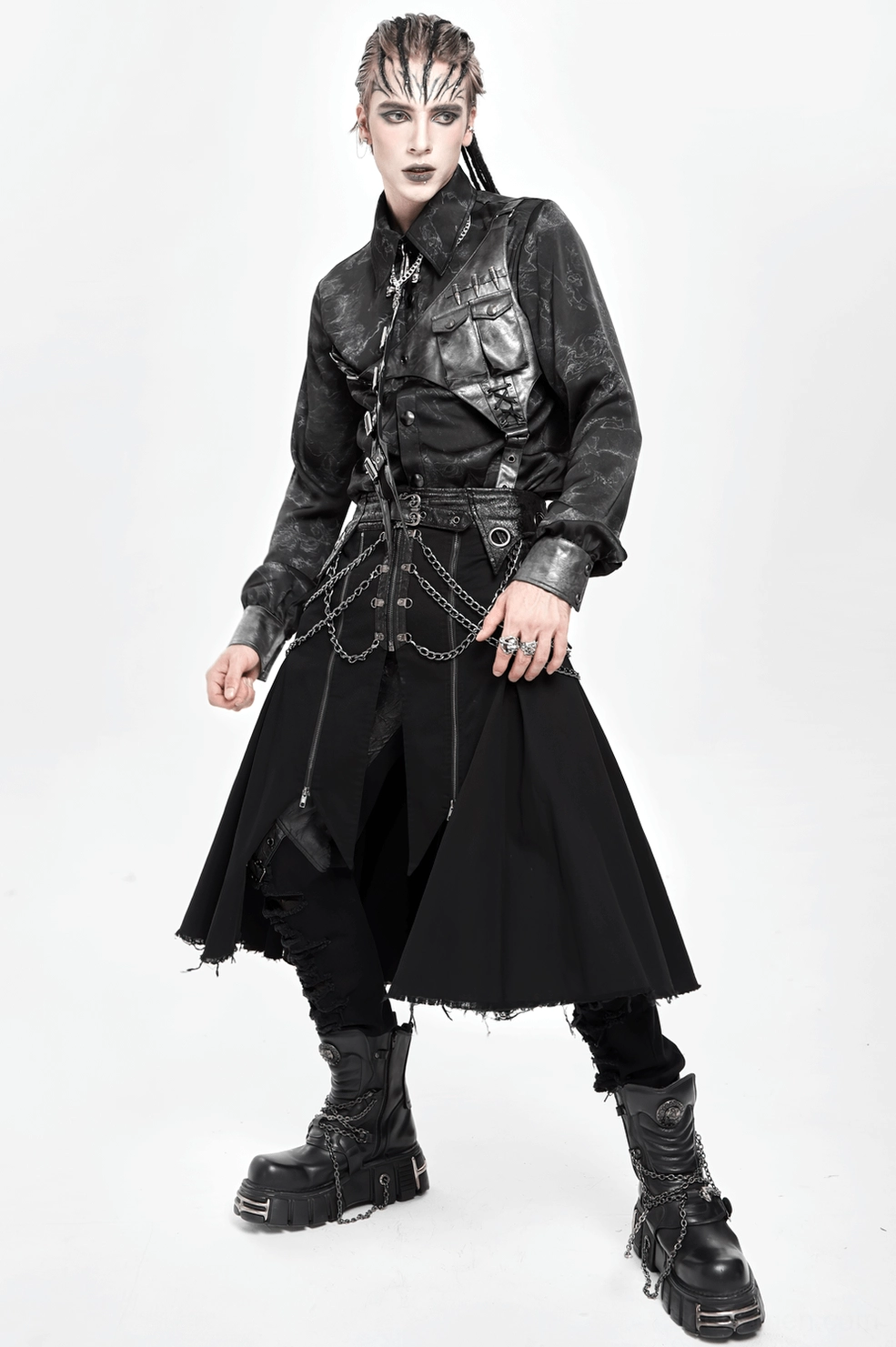 Black gothic kilt mens chain decoration layered construction alternative wear