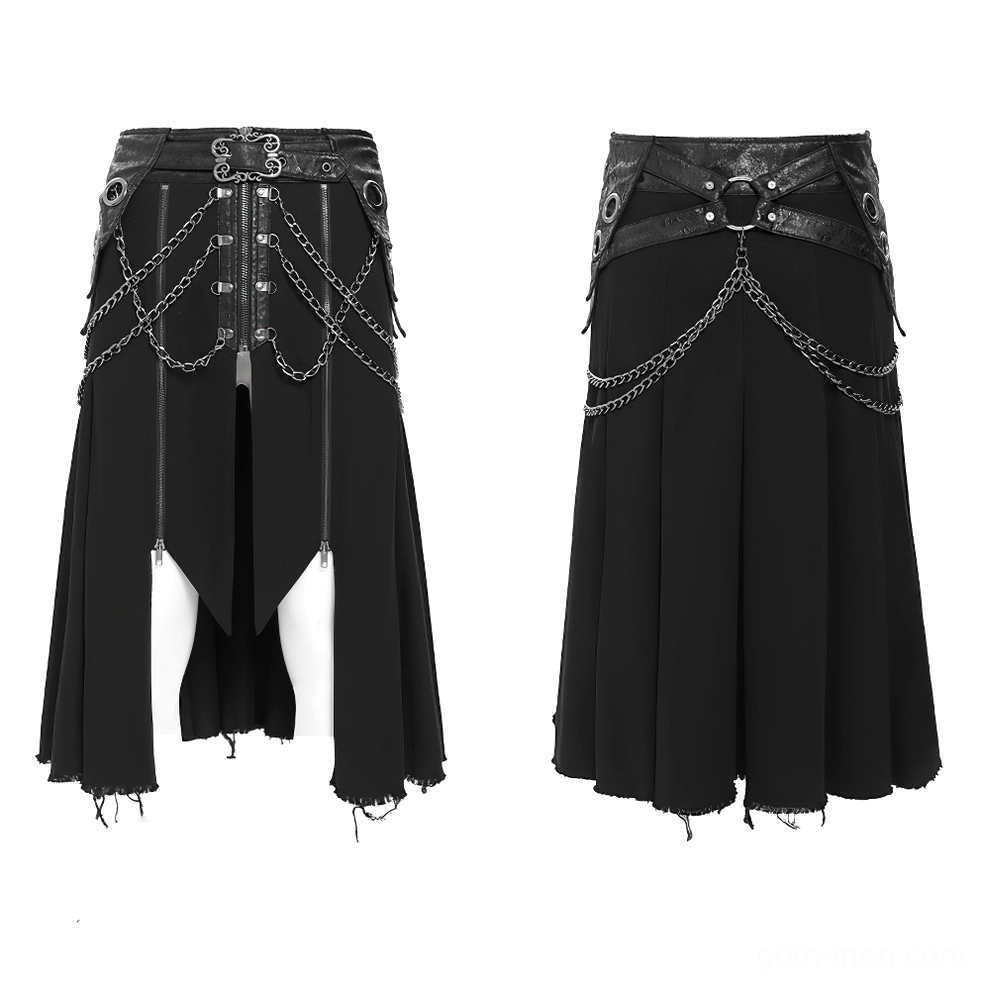 Split front gothic chain skirt with frayed hem zipper hardware and layered panels flat lay