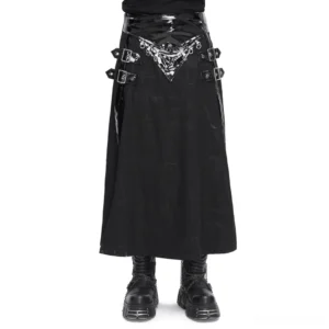 Men's gothic faux leather kilt with silver buckles and chains - front full view on model with platform boots