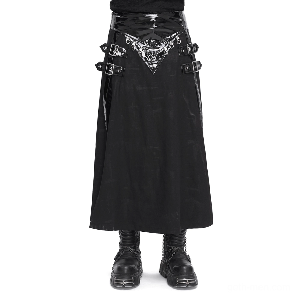 Men's gothic faux leather kilt with silver buckles and chains - front full view on model with platform boots