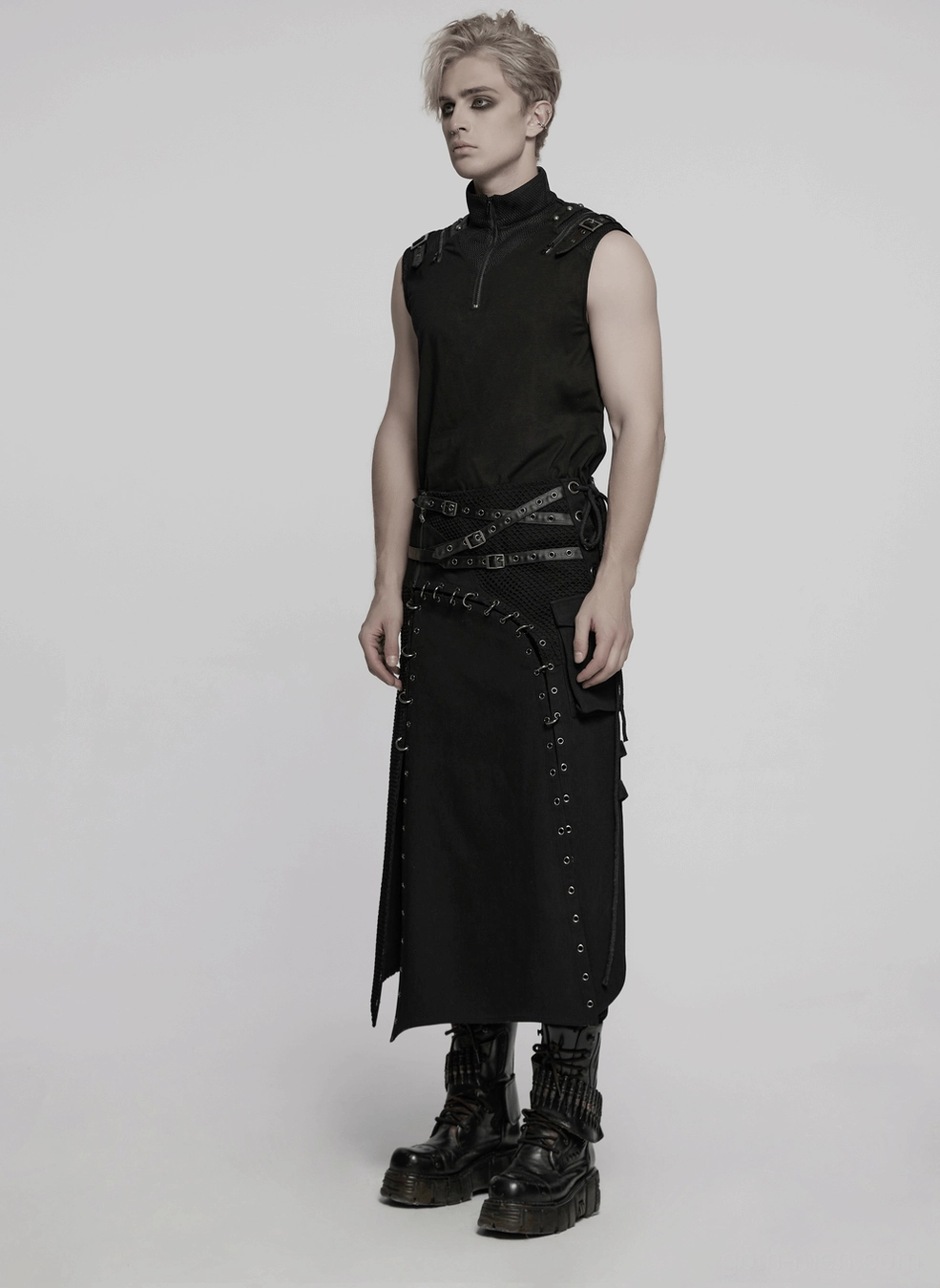 Mens Asymmetric Gothic Kilt - Full Construction Detail Showing All Hardware, Straps, Eyelets, and Mesh Integration