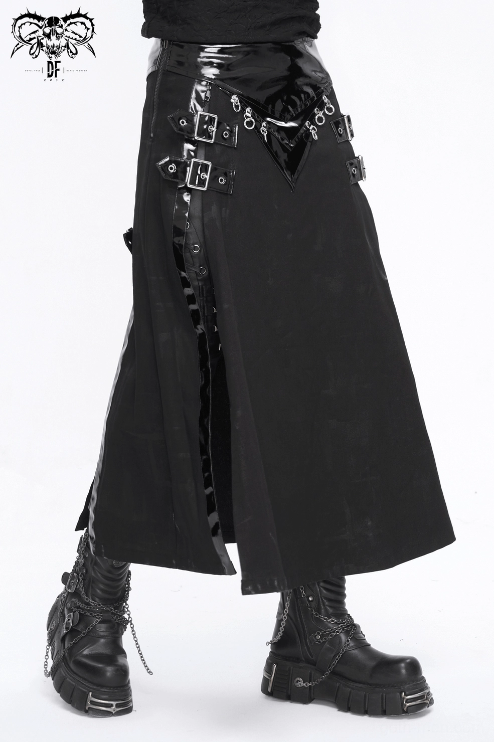 Full length view of black gothic faux leather kilt with all hardware and buckle details visible