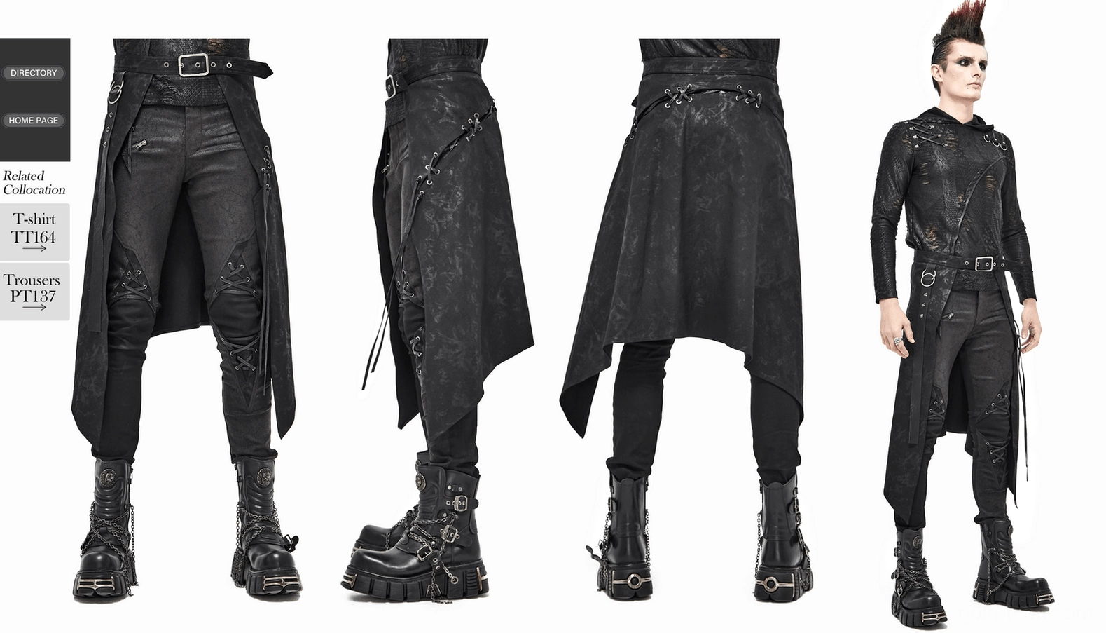 Full length styling photo of men wearing black gothic distressed kilt with alternative fashion accessories