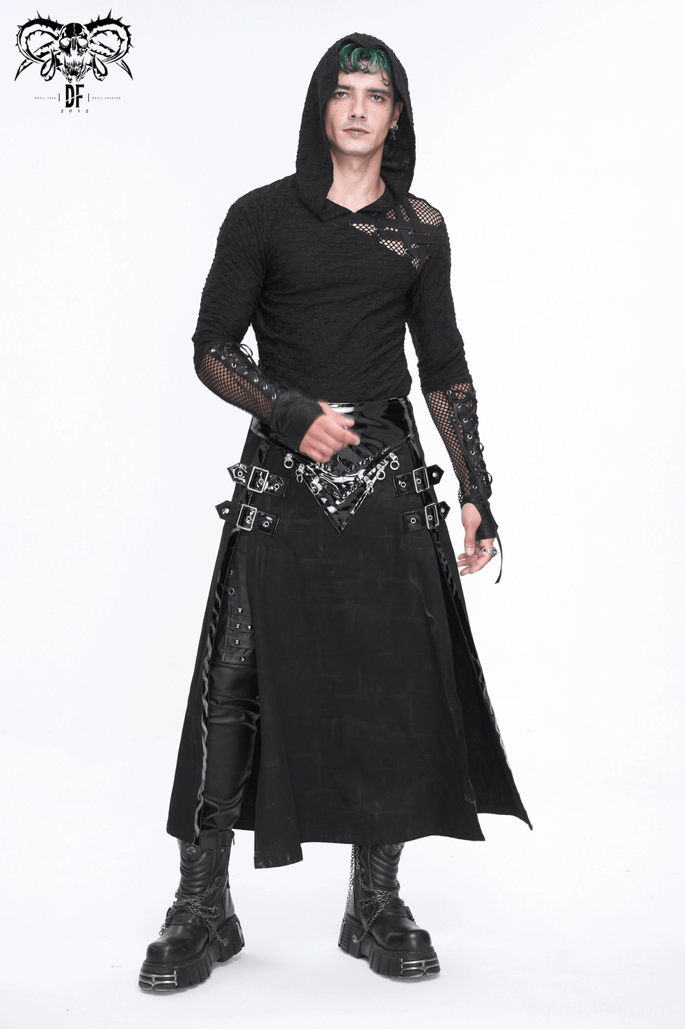 Men's gothic faux leather kilt showing layered construction and texture depth