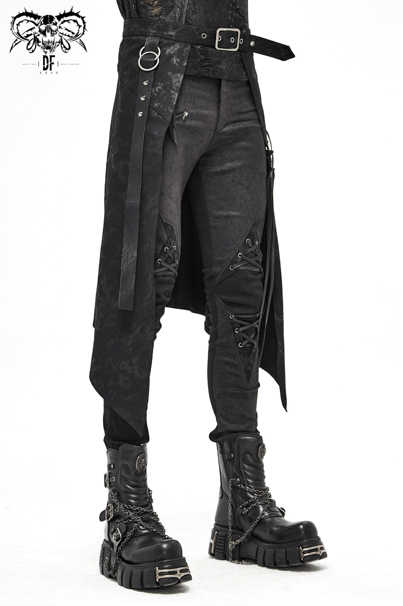 Side profile of men's black gothic kilt displaying asymmetrical cut, extended flaps, and decorative hardware