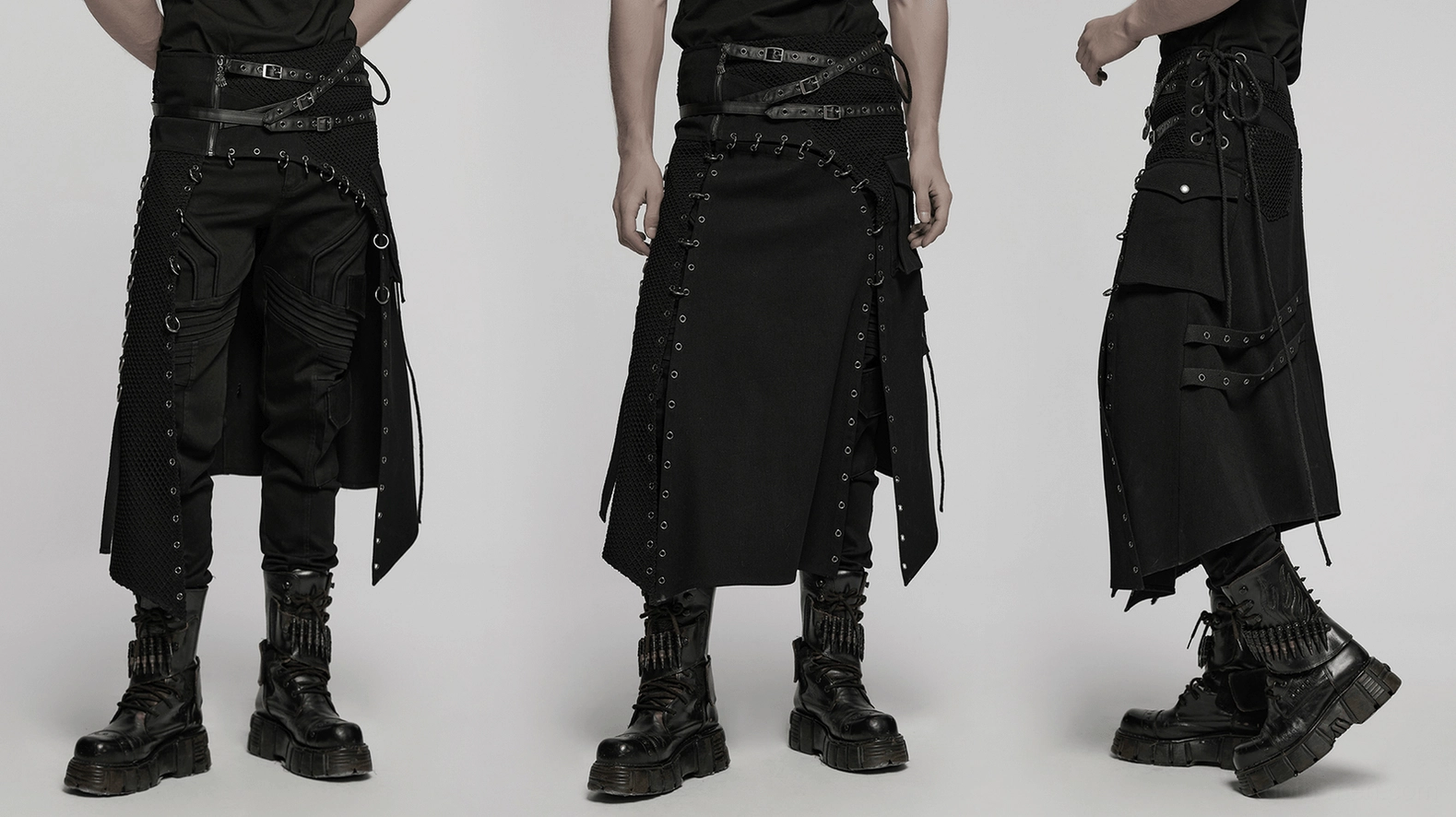 Mens Gothic Kilt - Alternative Angle Showcasing Asymmetric Hemline, Mesh Panels, and Subversive Design Elements