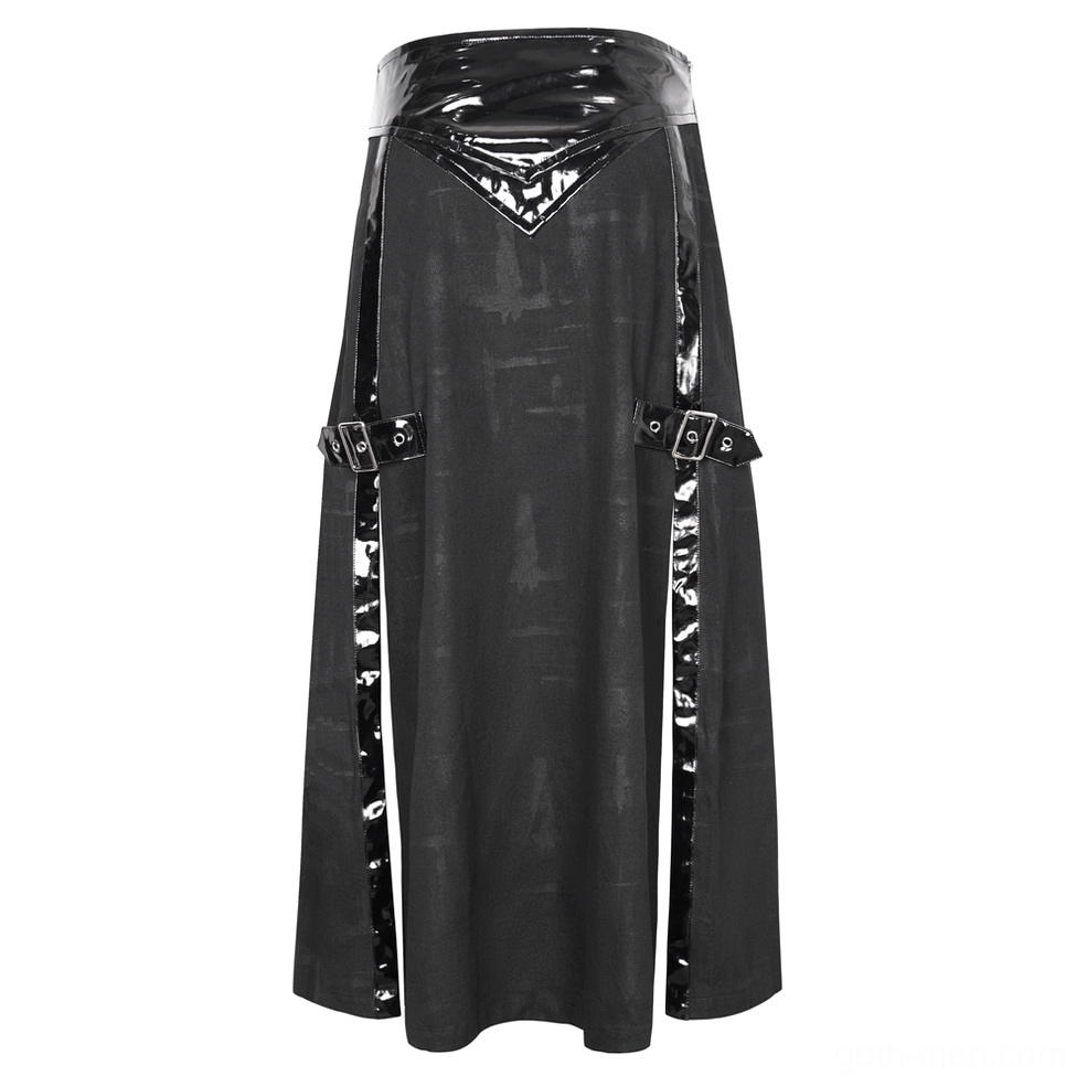 Gothic faux leather kilt front full view with high waistband and central triangular leather feature