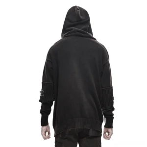 Back view of men's gothic hooded knit sweater with lace-up sleeve details and ribbed trims, demonstrating loose oversized fit