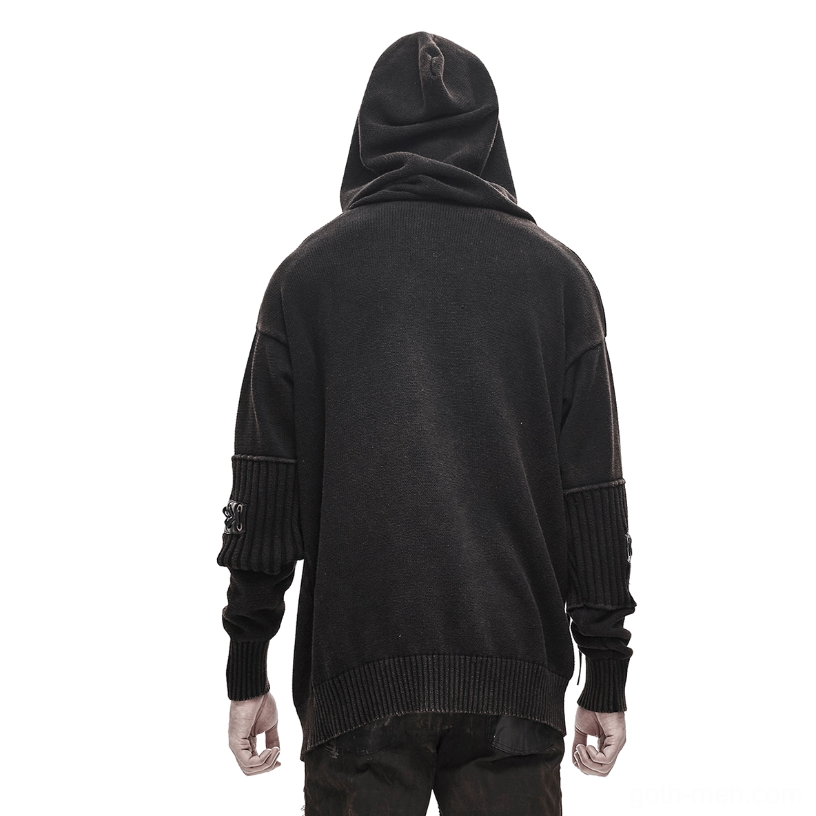 Back view of men's gothic hooded knit sweater with lace-up sleeve details and ribbed trims, demonstrating loose oversized fit