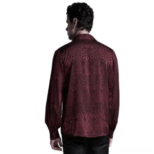 Men's burgundy gothic jacquard shirt rear full-body view showing tonal floral pattern and gathered long sleeves