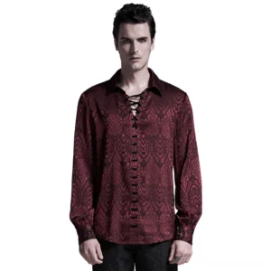 Men's burgundy gothic jacquard lace-up shirt front full-body view on male model displaying lace-up placket and vintage design