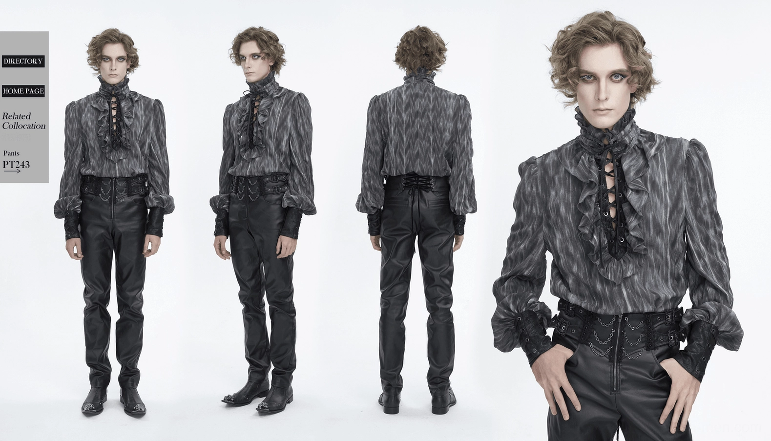Full frontal display of charcoal grey lace-up gothic shirt with high theatrical ruffled collar and refined marbled texture