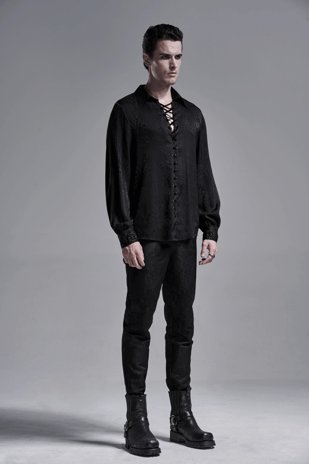 Men's gothic lace-up black jacquard shirt detail of lace front closure